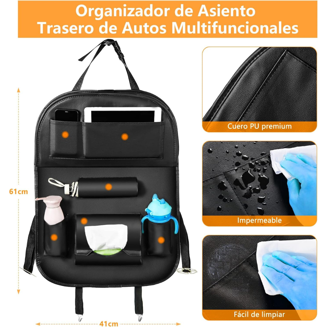 Organizador Premium de Cuero con Bandeja para Asiento de Auto - Deluxe