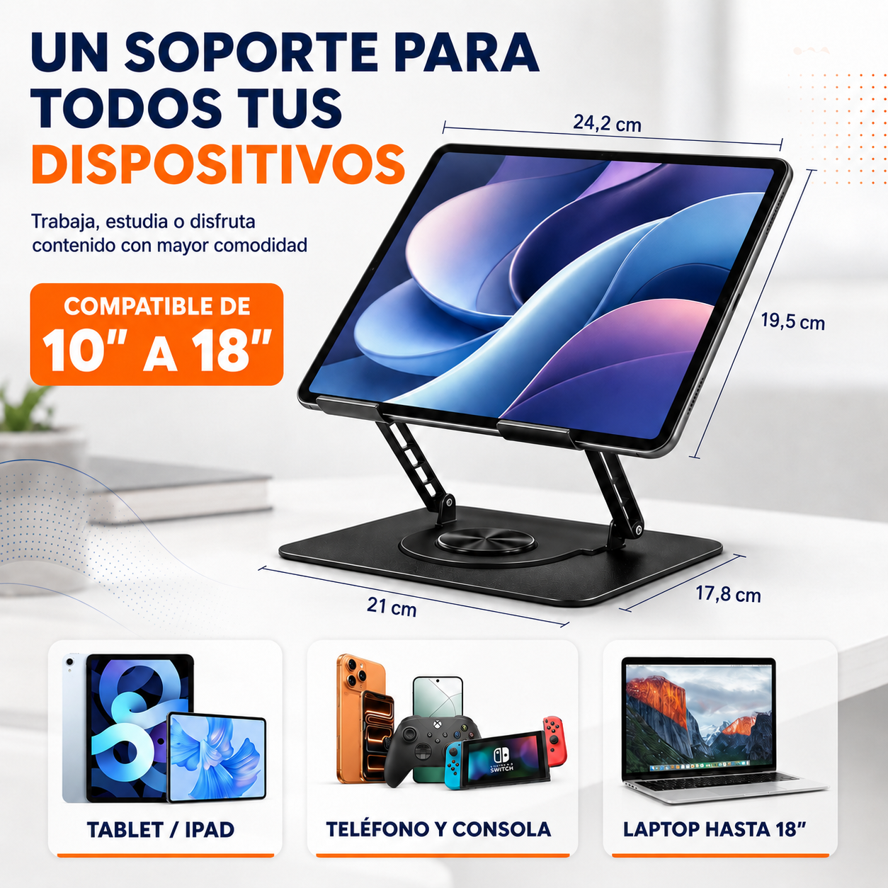 Soporte Aluminio Cooler para Laptop de 360° - Vortex 360°
