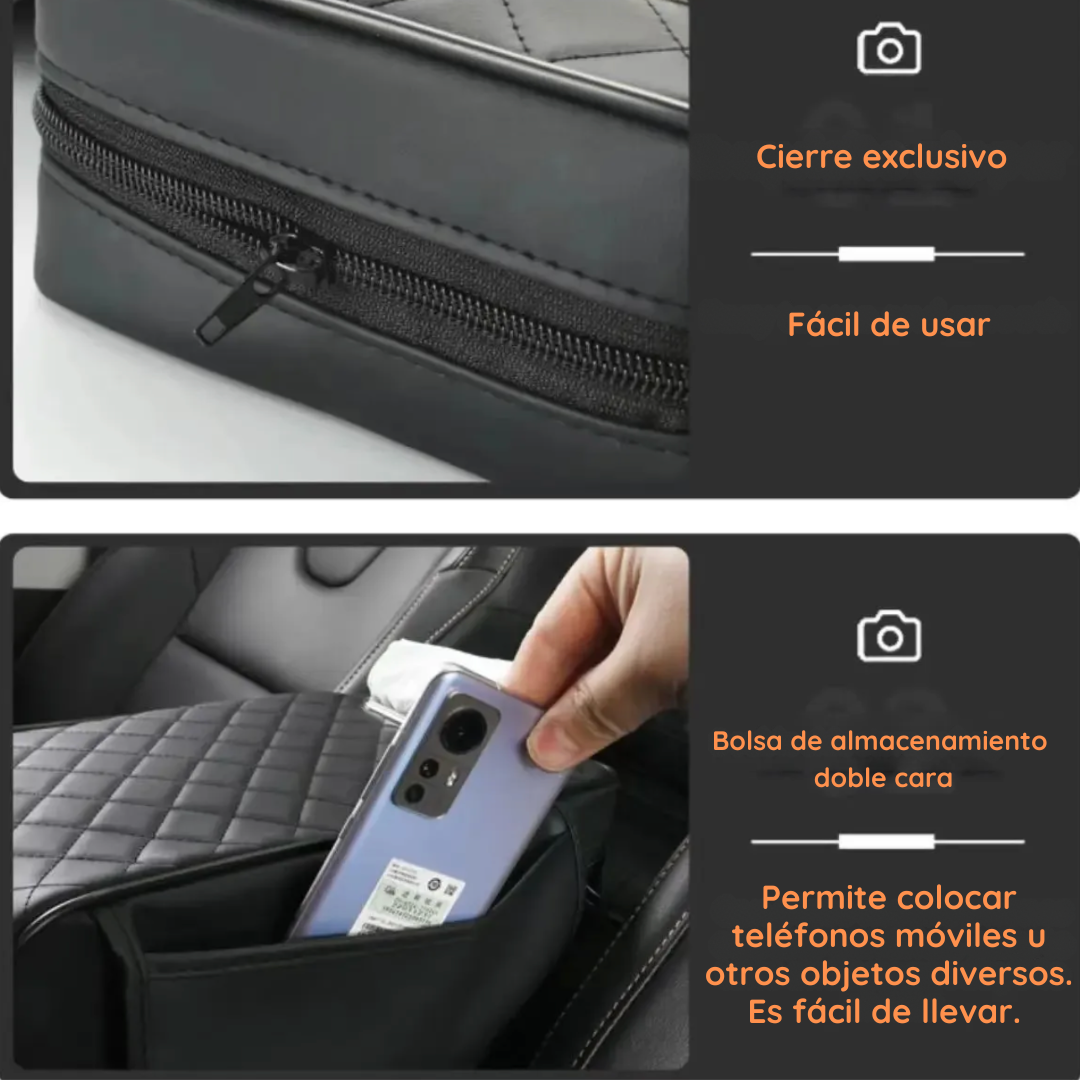 Reposabrazos para autos 2 bolsillos + paños tisúes - PREMIUM