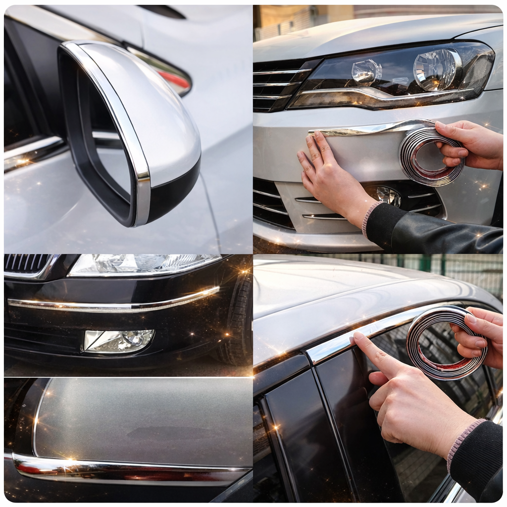 Moldura cromada autoadhesiva protección contra rayones para autos - Rollo de 3 metros