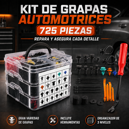 KIT DE CLIPS UNIVERSAL PARA AUTOS DE 725 PZAS - AUTOCLIPS PRO