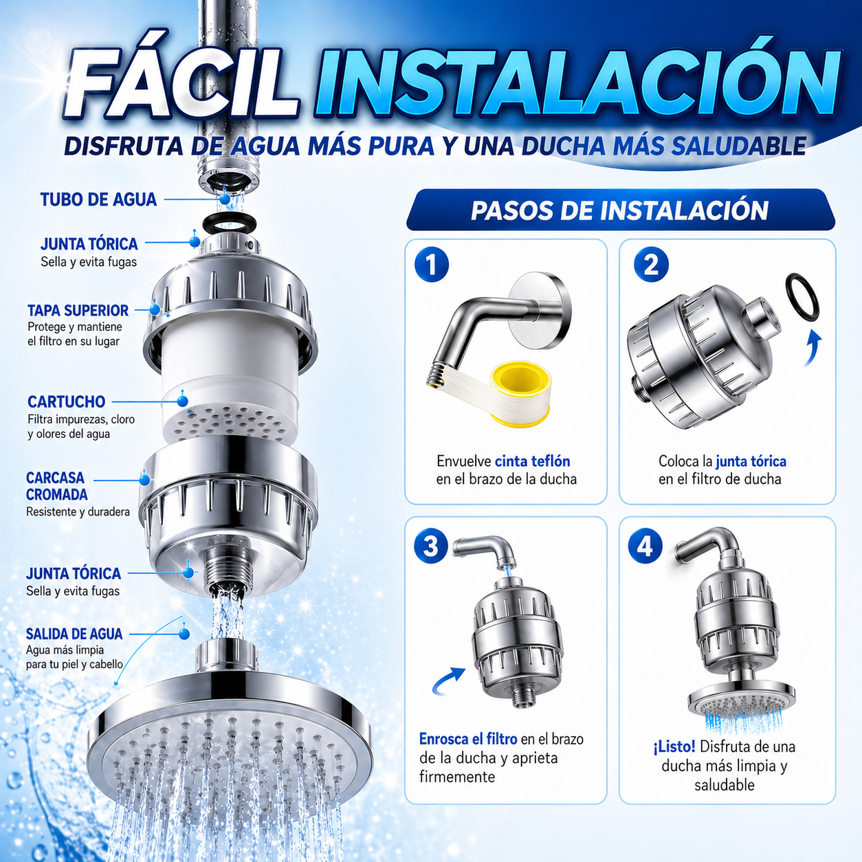 Filtro purificador de agua para ducha con cartucho - AquaShine
