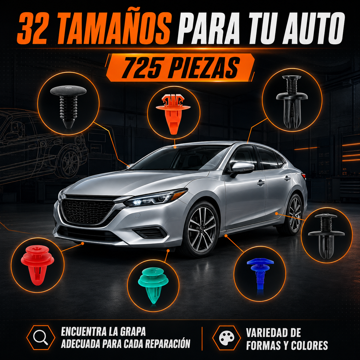 KIT DE CLIPS UNIVERSAL PARA AUTOS DE 725 PZAS - AUTOCLIPS PRO
