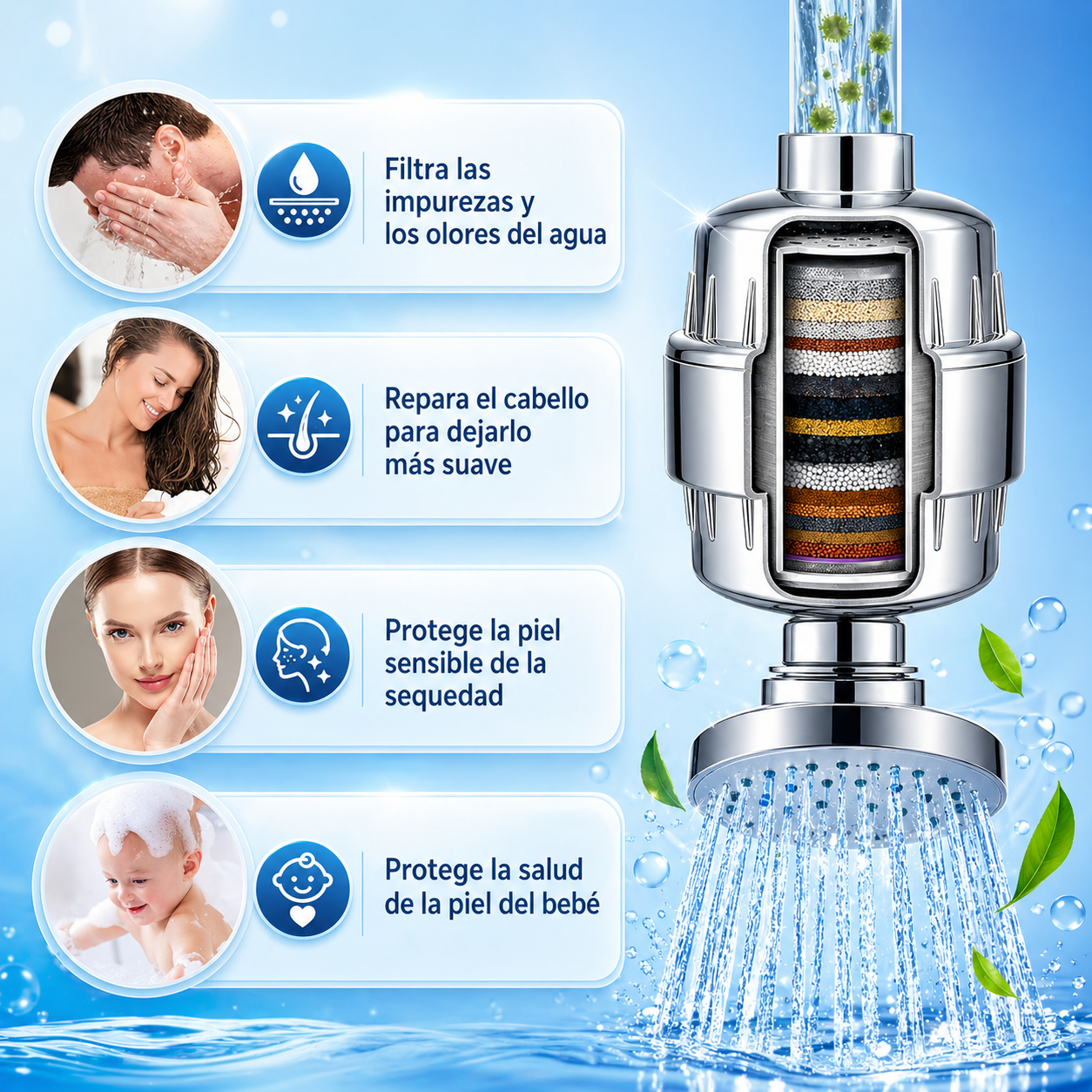 Filtro purificador de agua para ducha con cartucho - AquaShine