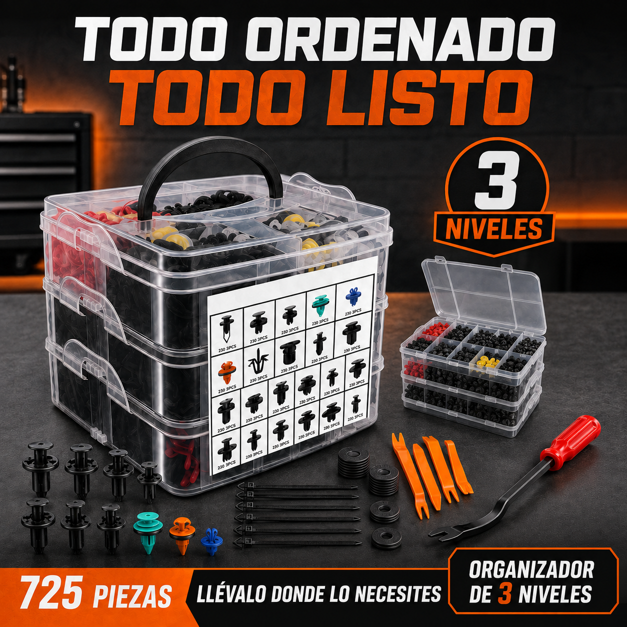 KIT DE CLIPS UNIVERSAL PARA AUTOS DE 725 PZAS - AUTOCLIPS PRO